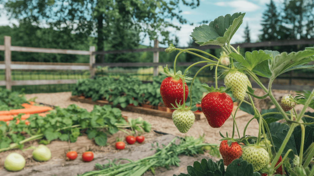 A homestead on a clear, sunny day. There are growing strawberries outside. There are also other fruits and vegetables in the garden, such as apples, tomatoes, and carrots. The background contains a wooden fence and trees.