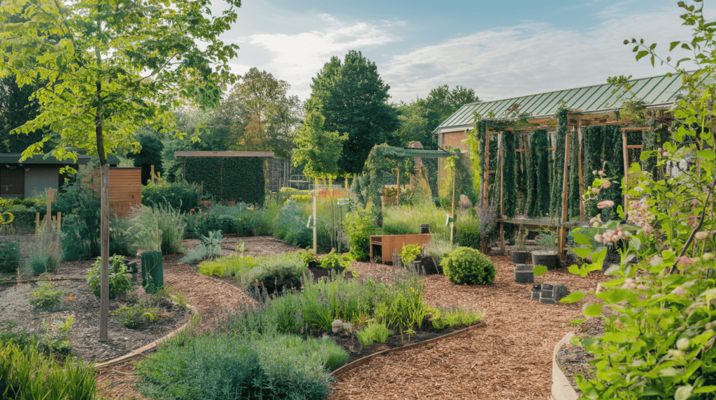A sustainable garden outside on a sunny day. There are various plants, including trees, shrubs, and flowers. There are also some structures made of wood and greenery. The ground is covered with wood chips. The background contains a building with a green roof. The overall scene is well-lit and has a warm hue.