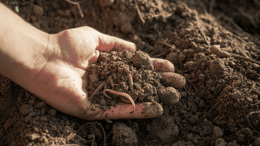 A close-up shot of a hand holding a handful of healthy soil. The soil is rich and dark, with a good amount of organic matter. There are small worms and other critters visible within the soil. The sunlight shines on the soil, casting a warm glow on the hand and highlighting the texture of the soil.