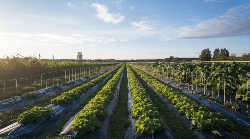 A sunny day with rows of plants under a drip irrigation system. The plants are arranged in neat rows, with a drip line for each plant. There is a clear sky with a few clouds, and the ground is covered with a layer of green. The plants are of various heights, with some taller ones in the background.