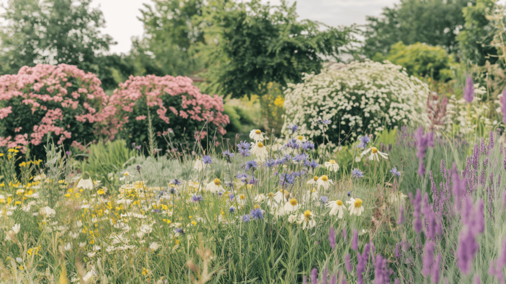 A garden filled with a variety of native flowers on a sunny day. There are pink and white flowering shrubs, yellow daisies, blue cornflowers, and purple lavender. The ground is covered with yellow and white wildflowers. The background contains green trees. The overall image has a warm hue.