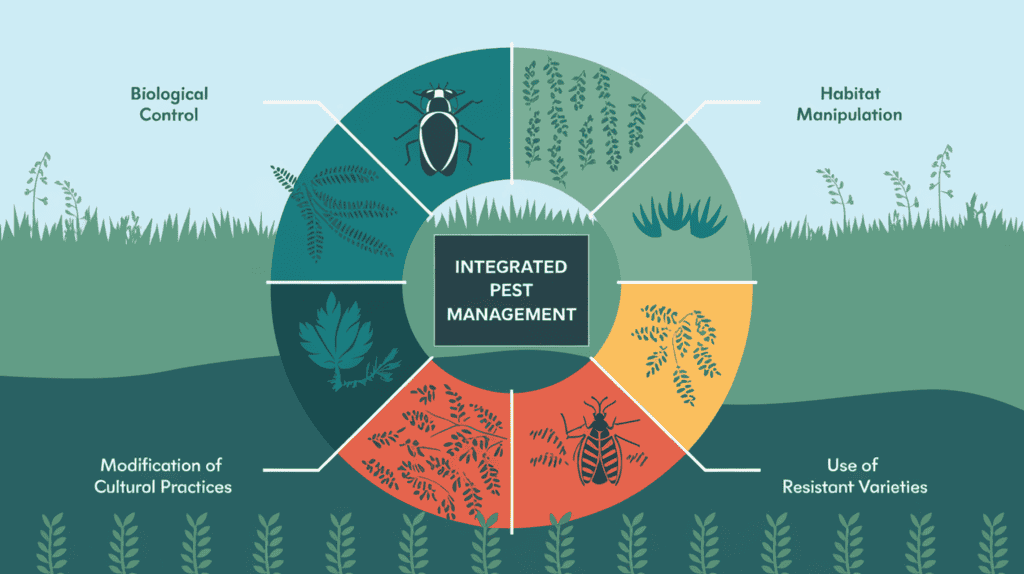 A diagram of Integrated Pest Management (IPM) with the following techniques: Biological control, Habitat manipulation, Modification of cultural practices, and Use of resistant varieties. The diagram has a circular layout with each technique represented by a different colored section. There is a text box in the center with the title "Integrated Pest Management". The background is a green field with some plants.