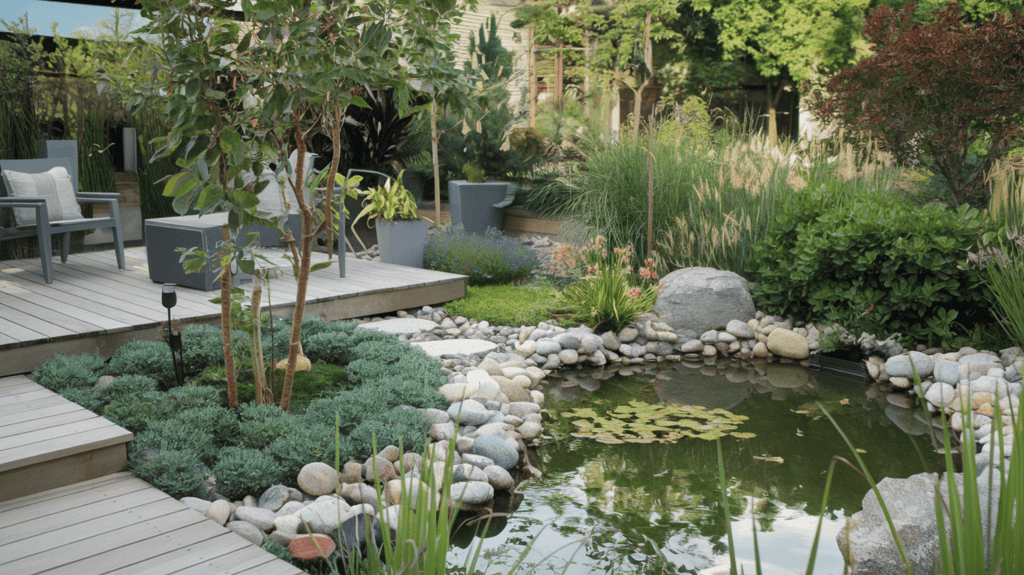 A sustainable garden design. There's a wooden deck with a few chairs. There are various plants, including trees, shrubs, and flowers. There's a small pond with fish and water plants. There are stones and a few decorative items. The background contains a building and trees. The overall design is peaceful and eco-friendly.