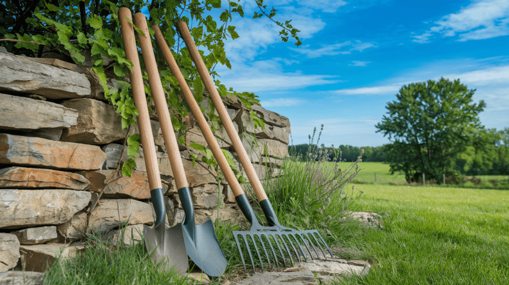 Eco-friendly gardening tools with wooden handles leaning against a stone wall. The tools include a shovel, rake, and hoe. The wooden handles have a weathered, rustic appearance. The stone wall is partially covered in greenery. The background reveals a lush green field and a few trees. The sky is clear blue with a few clouds.
