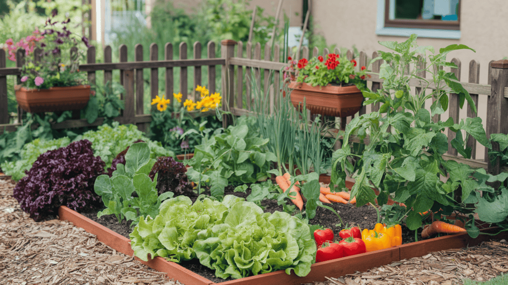 A cute home vegetable garden on a sunny day. There are various vegetables growing in the garden, including lettuce, tomatoes, peppers, and carrots. The garden is surrounded by a wooden fence and there are flower pots with plants near the fence. The background contains a building with a window. The ground is covered with a layer of mulch.