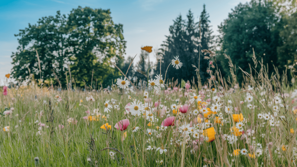A beautiful meadow with wildflowers on a sunny day. The meadow is filled with a variety of wildflowers, including daisies, buttercups, and poppies. There are also some trees in the background. The ground is covered with green grass. The sky is clear and blue. The lighting is bright.