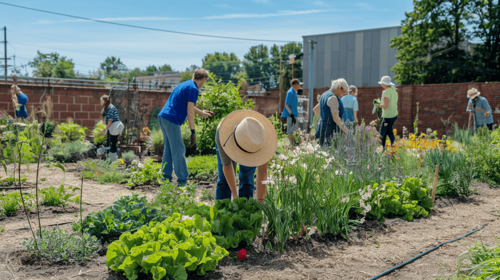 A community garden with various plants and flowers. There are multiple gardeners working in the garden. One gardener is wearing a straw hat and is bending over to tend to the plants. Another gardener is wearing a blue shirt and is standing up, interacting with a fellow gardener. The background contains a brick wall and a building. The sky is clear and sunny.