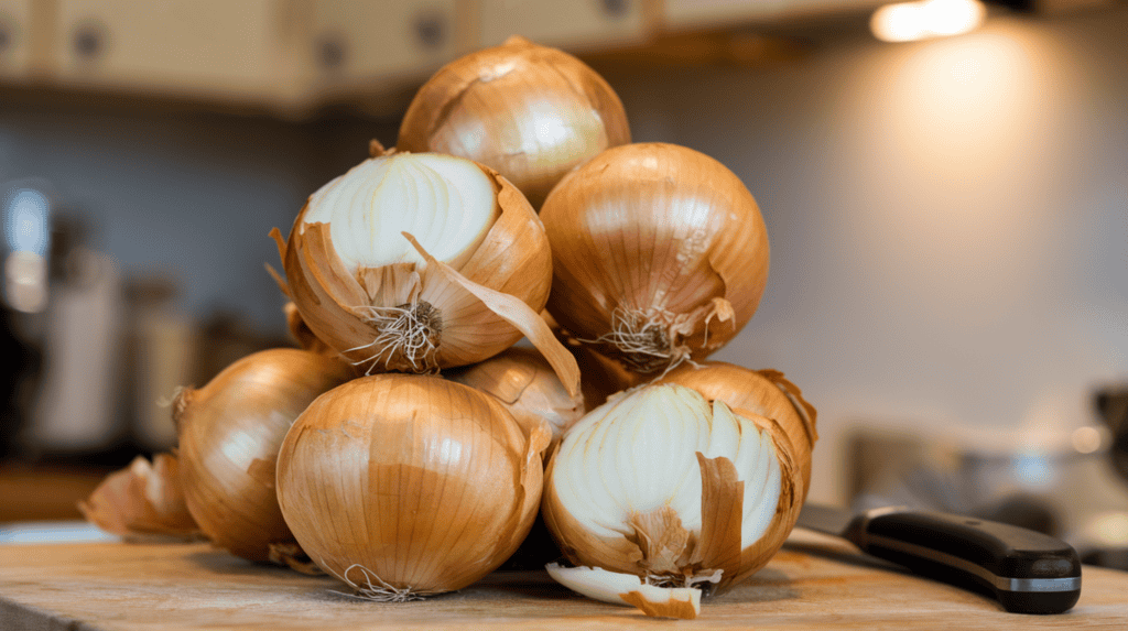 A stack of golden-brown onions with a few layers peeled away, revealing the white onion layers. The onions are placed on a wooden cutting board. There is a knife beside the onions. The background is a kitchen with cabinets and a light.