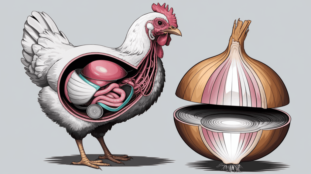 A scientific drawing of a chicken and an onion. The chicken is dissected, showing its internal organs. The onion is also dissected, revealing its layered structure. The background is a light grey.
