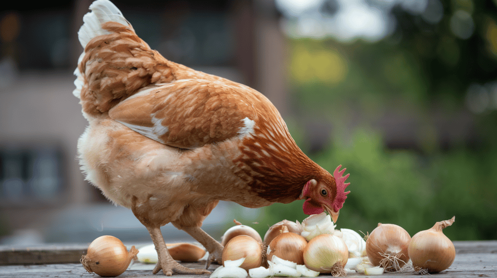 A chicken eating onions. The chicken is standing on a wooden surface and is surrounded by onions. The background is blurred and consists of a building and greenery.