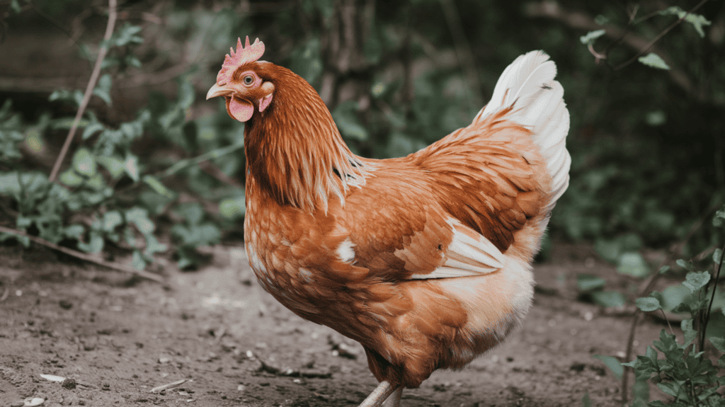 A chicken with a pale comb and wattle. The chicken has reddish-brown feathers with white patches around the eyes, on the wings, and on the tail. The comb and wattle are light pink. The chicken is standing on a dirt ground. The background is overgrown with greenery.