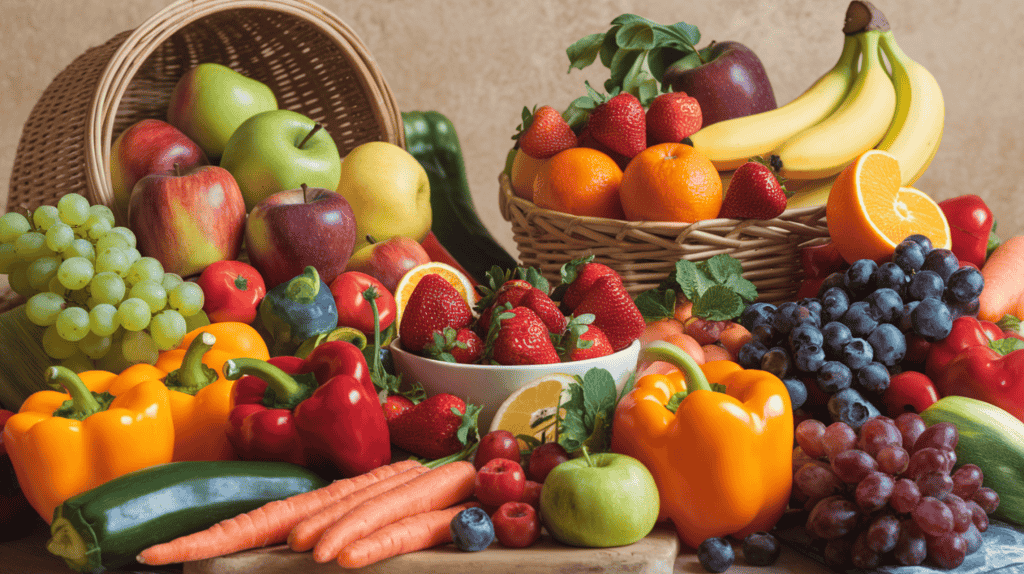 A variety of healthy fruits and vegetables. There are apples, bananas, oranges, strawberries, blueberries, grapes, carrots, bell peppers, zucchini, and more. They are arranged in a basket and on a wooden board. The background is a beige wall.