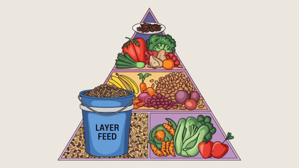 A colorful illustration of a food pyramid with a twist. At the bottom, there's a bucket of layer feed. The next level has a variety of grains and seeds. Above that, there's a collection of fruits and vegetables. At the top, there's a small dish of mealworms.