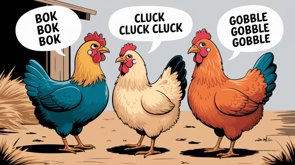 An illustration of three chickens standing next to each other. The chicken on the left has a speech bubble above its head with the text "Bok bok bok". The middle chicken has a speech bubble with the text "Cluck cluck cluck". The chicken on the right has a speech bubble with the text "Gobble gobble gobble". The background is a barnyard with straw and dirt.