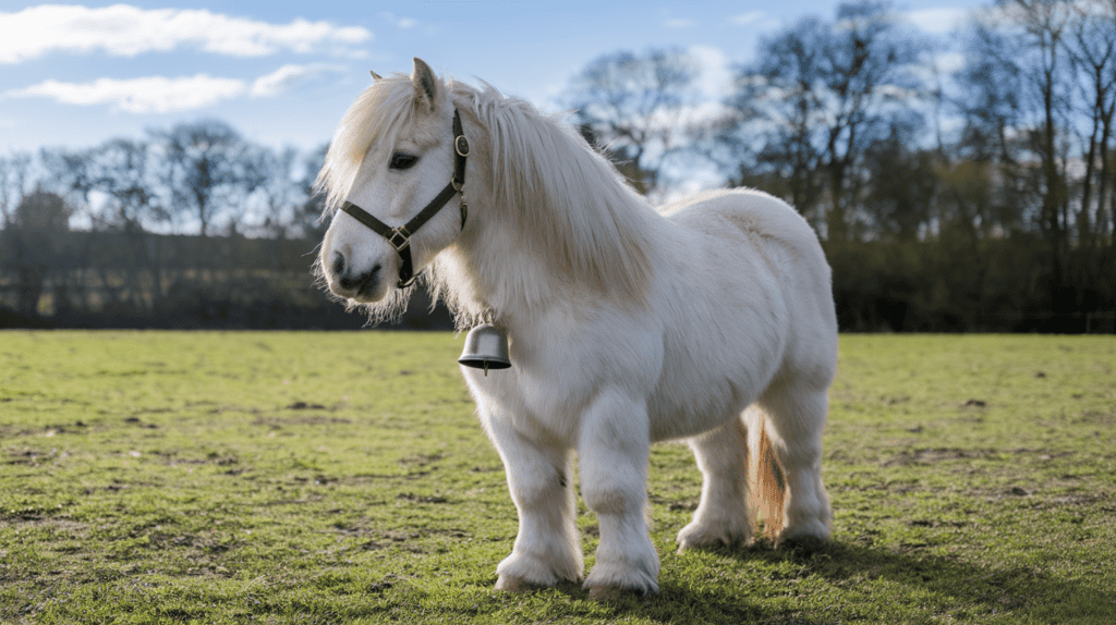 A mini horse in a field on a sunny day. The horse has a fluffy white coat and is standing on a lush green field. The sky is clear with a few clouds. The horse is wearing a bell. The ground is soft and covered with grass. There are trees in the background.