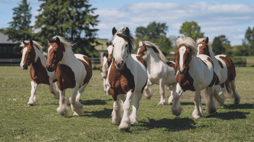 A group of adorable mini horses frolicking outside in a field on a sunny day. The horses are white with brown markings. They are running and playing together in the lush green field. The sky is clear with a few clouds. The background contains trees and a building.