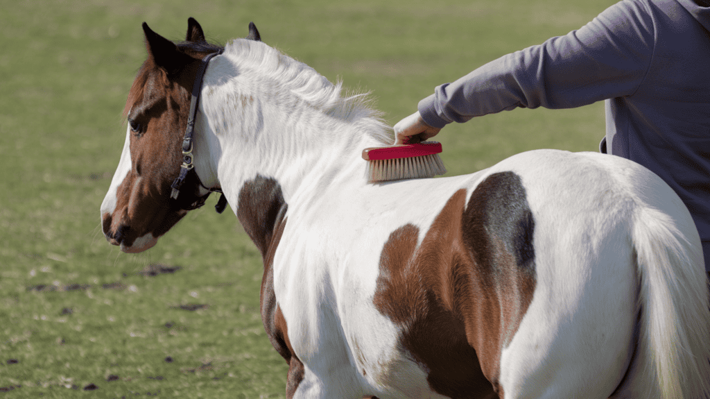 A mini horse owner gently grooming their adorable mini horse with a red brush. The mini horse is standing on a grassy field. The horse has a white coat with brown markings. The owner is wearing a hoodie and has their hand raised above the horse's back.