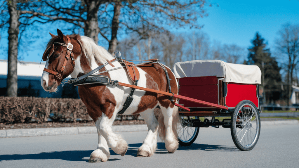 A mini horse pulling a cart outside on a sunny day. The mini horse is brown and white, with a mane and a tail. It is wearing a brown harness. The cart is red and has a white cover. The background contains trees and a building. The sky is clear and blue.