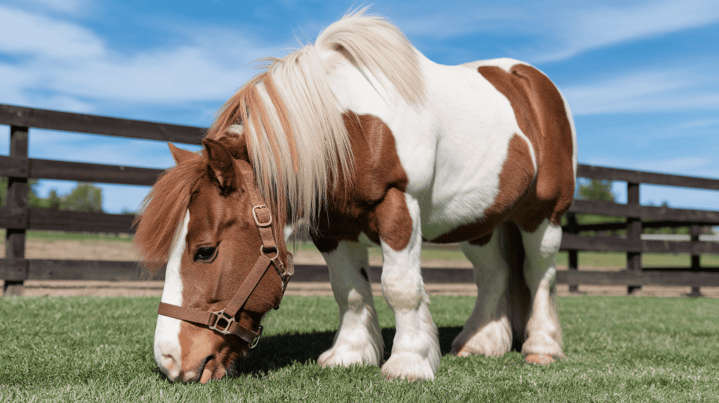 A mini horse with a white coat and a brown mane grazing outside on a sunny day. The mini horse is standing on lush green grass and is wearing a brown halter. The background reveals a wooden fence and blue sky with a few clouds.