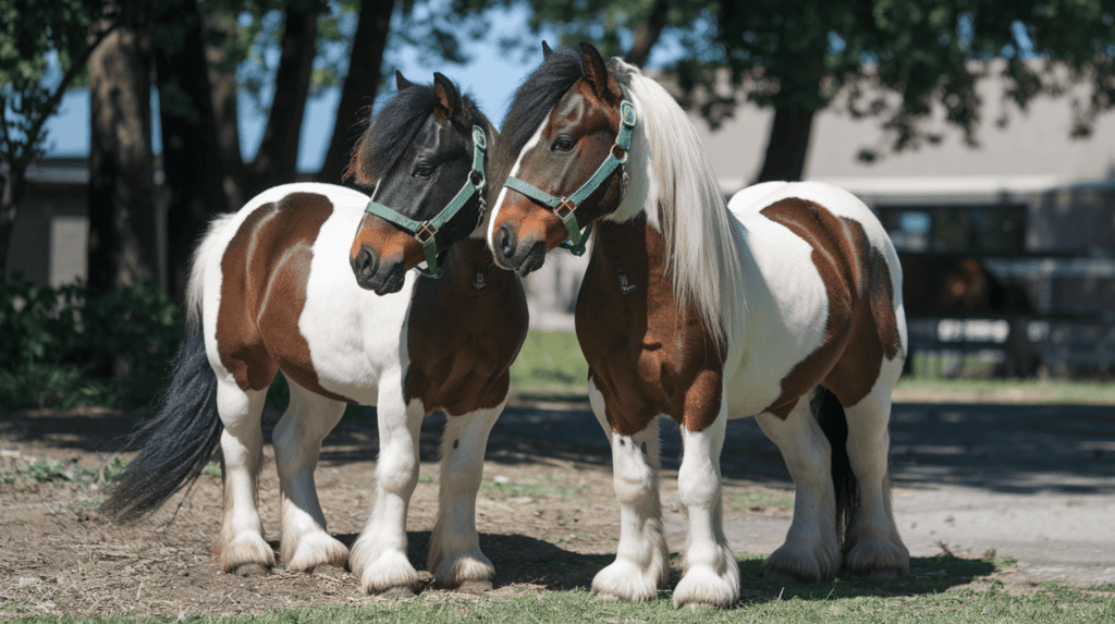 Two adorable mini horses that look like siblings standing next to each other outside on some grass. The horses have a white coat with black mane and legs, and a black tail. They are wearing green halters. The background contains trees and a building. The lighting is bright.