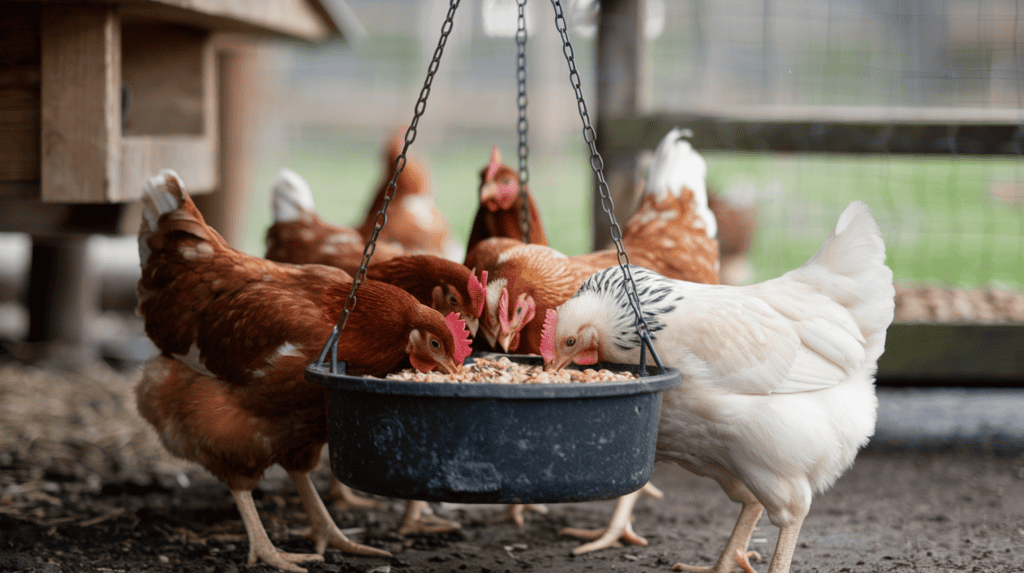 Chickens eating from a black hanging chicken feeder in their coop.