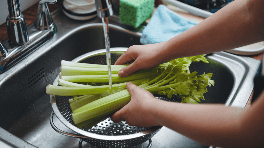 Someone washing celery in a kitchen sink. The person is using their hand to clean the celery. The celery is in a colander. The background contains various kitchen items, including a sponge, a dish, and a towel.