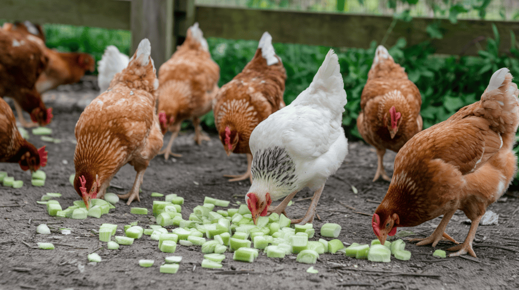 Chickens eating small cut-up celery pieces outside. The chickens are scattered across the ground, each nibbling on a piece of celery. The celery pieces are scattered across the ground, with some partially eaten. The background contains a wooden fence and greenery.