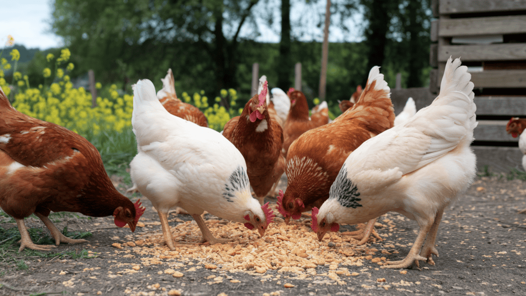 Chickens pecking at the ground at chicken feed outside.