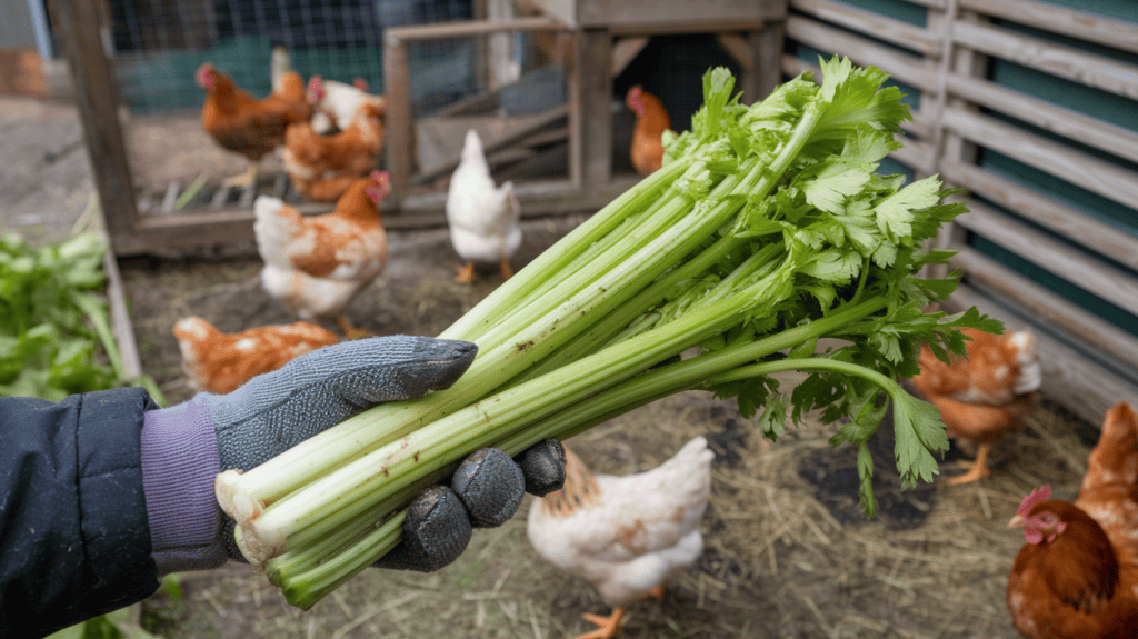 A hand holding a bunch of celery stalks, with chickens in the background outside. The celery stalks are fresh, green, and have some dirt on them. The hand is wearing a gray glove. The chickens are in a pen, and there is a wooden structure behind the pen. The ground is covered with hay. The background contains a building with a slatted wall.