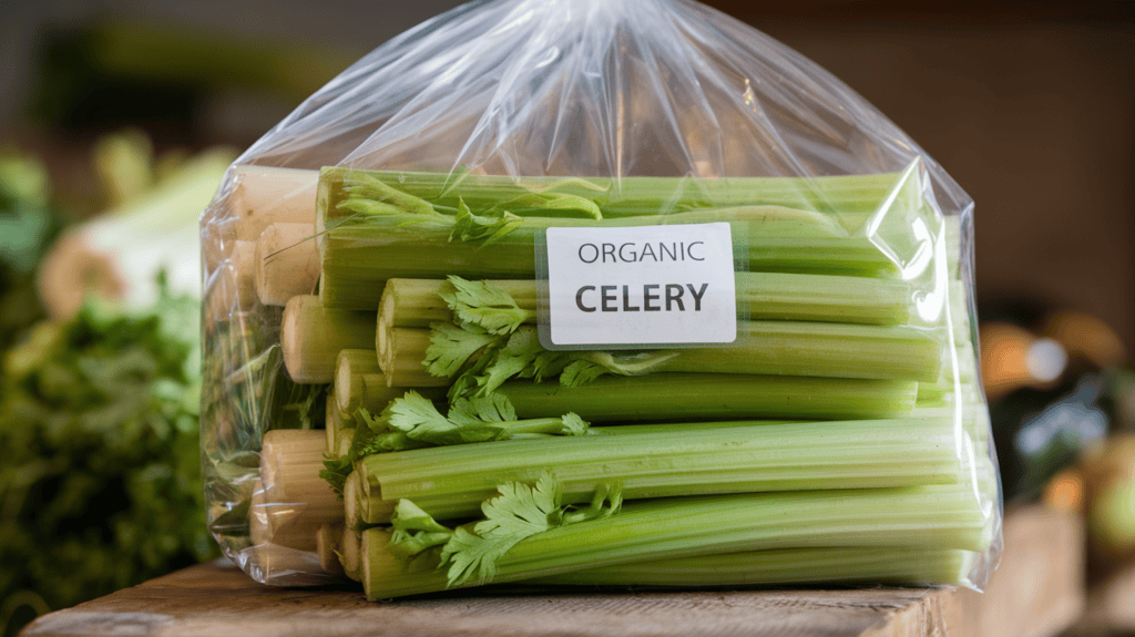 A clear plastic bag filled with organic celery. The celery has a green hue and is arranged in a bundle. The bag is placed on a wooden surface. There is a label on the bag that reads "Organic Celery". The background is blurred and consists of other organic produce.