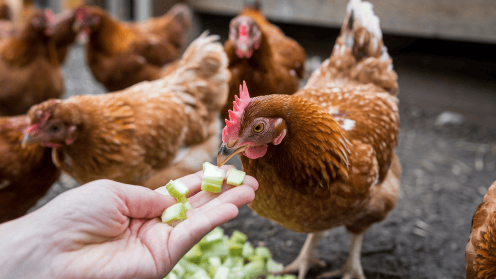 A hand holding out small cut-up pieces of celery to a chicken. The chicken is pecking at the celery. There are other chickens in the background, their movements blurred by the camera's movement. The background contains a wooden structure.
