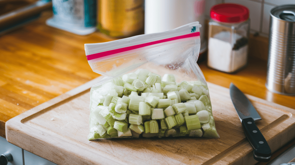 A freezer bag filled with small frozen pieces of celery on a kitchen counter. The bag is placed on a wooden cutting board. There's a knife beside the bag. The background contains a few other items, including a jar, a spice container, and a can. The overall image has a warm, natural lighting.