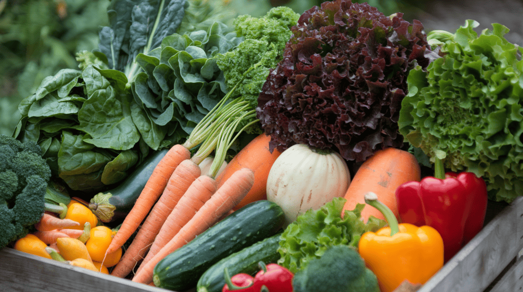 A variety of fresh vegetables. There are spinach, kale, lettuce, carrots, squash, cucumbers, zucchini, and bell peppers. They are arranged in a wooden crate. The background is blurred and contains greenery.