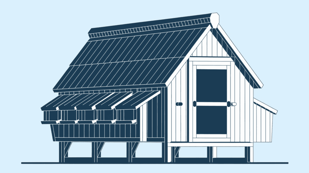 A blue print of a chicken coop with a sloped roof. The coop has multiple small doors for the chickens to enter and exit. There is also a large door for cleaning purposes. The coop is built on a wooden frame. There are ventilation holes at the top of the coop. The background is a clear sky.