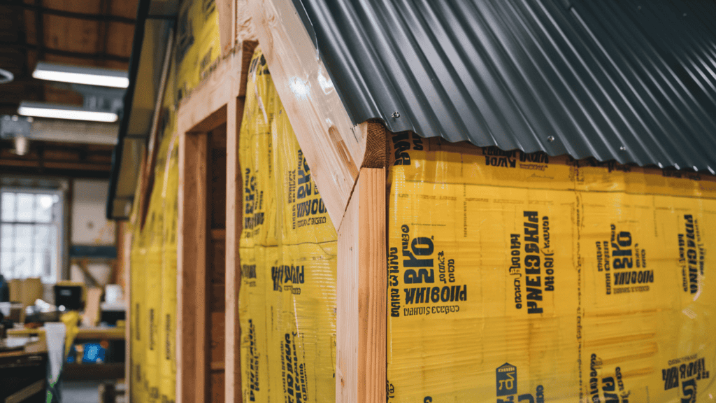 Pressure-treated lumber, corrugated metal roofing, and faced fiberglass insulation. The pressure-treated lumber is the wooden framework of a structure. The corrugated metal roofing sits on top of the framework. The faced fiberglass insulation is wrapped around the wooden framework for insulation purposes. The background is a workshop with other tools and materials.