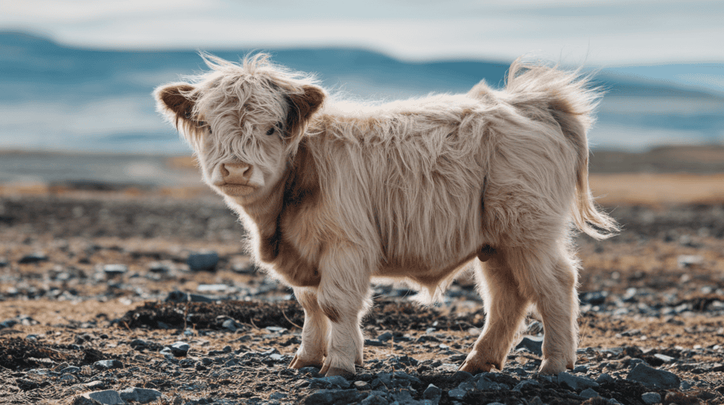 Stunning, adorable photo of a fluffy mini baby highland cow with windswept fur.