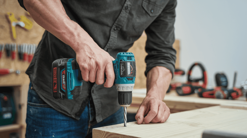 A man using a cordless drill to make holes in a wooden surface. He is wearing a dark green shirt and blue jeans. The background contains a variety of tools and a white wall.