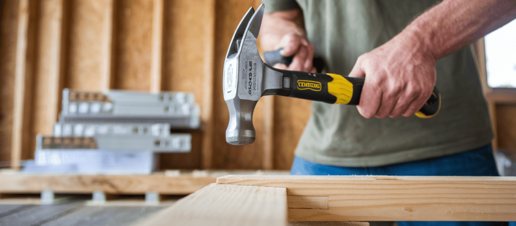 A photo of someone using a 16-ounce titanium framing hammer to frame a chicken coop. The person is wearing a green shirt and a yellow hard hat. The background contains a few tools and materials stacked neatly. The foreground contains the hammer and a piece of wood. The overall image is well-lit.