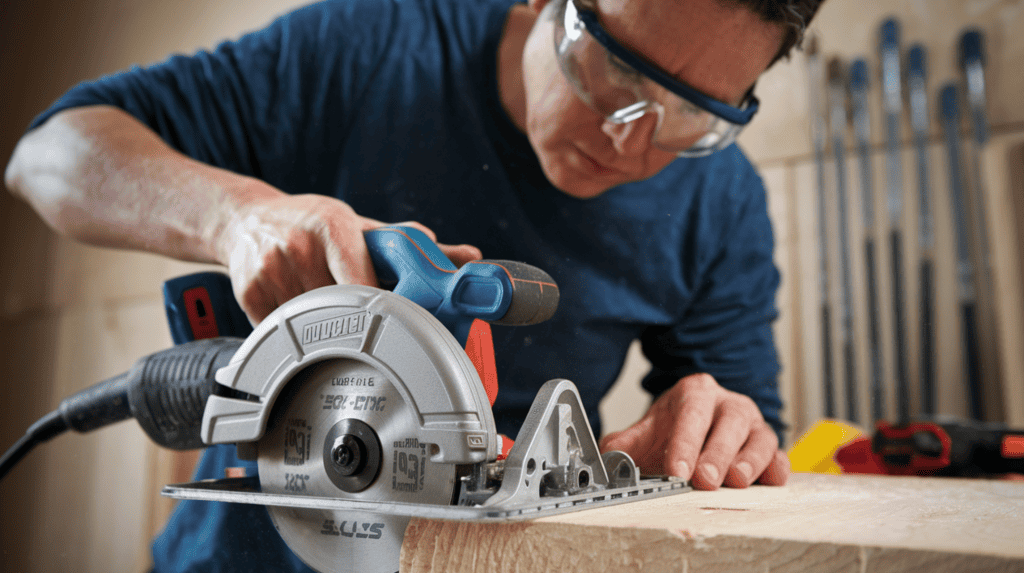 A man using a circular saw and a speed square to cut a piece of wood. The person is wearing a blue shirt and safety glasses. The background contains various tools and a wall.
