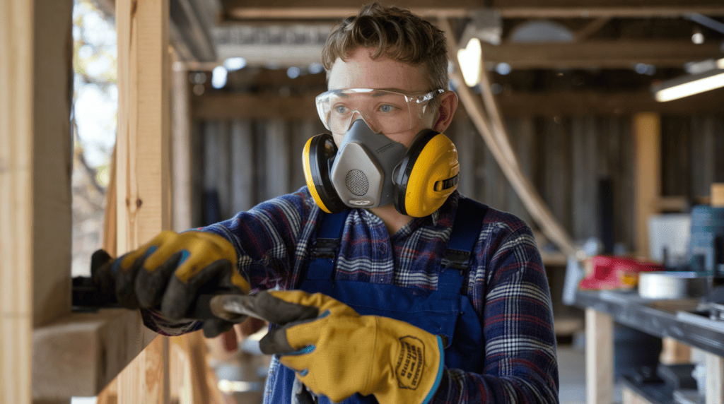 Someone wearing safety glasses, a respirator, and work gloves on a homestead in a workshop. The person is holding a tool and standing near a wooden structure. The background contains various tools and materials.