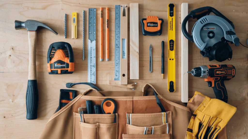 The essential tools and equipment for coop construction, including a titanium hammer, a cordless drill/driver, a circular saw, safety glasses, a respirator, work gloves, a 25-foot tape measure, levels, a utility knife, a drill bit set, a carpenter's pencil & sharpener, a tool belt or apron.