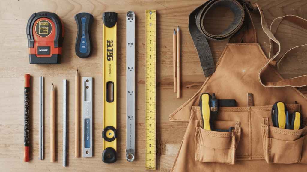 A set of measuring and marking tools for building a chicken coop. There is a 25-foot tape measure, a laser level, a 4-foot level, a torpedo level, a utility knife, a drill bit set, a carpenter's pencil, a pencil sharpener, a tool belt, and an apron. The tools are neatly arranged on a wooden surface.