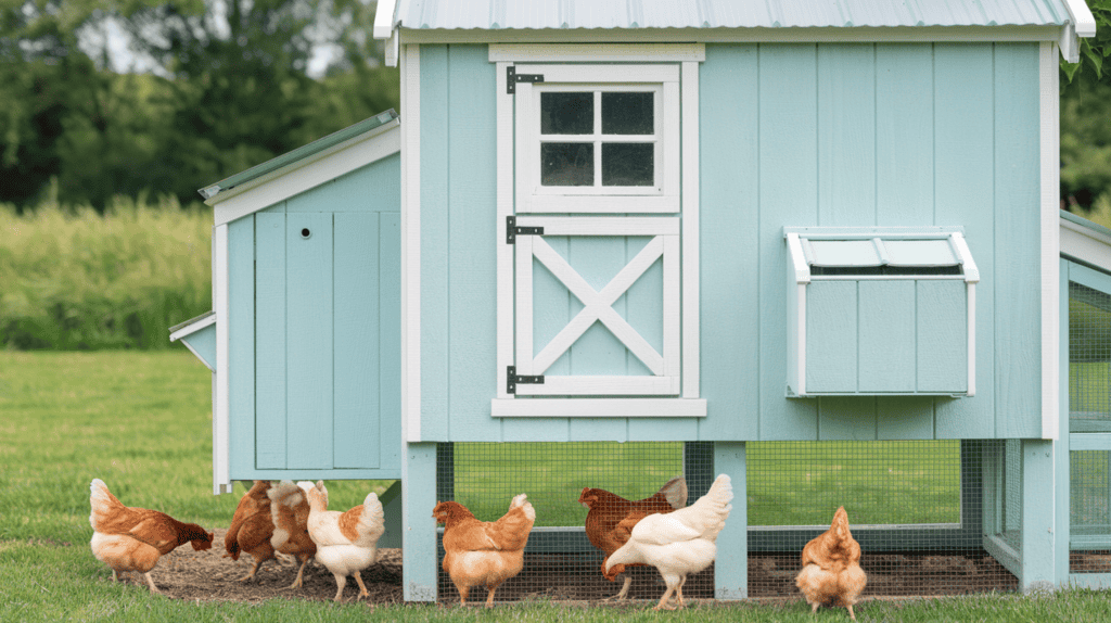 A cheerful light blue chicken coop with white trim. The coop has a few small doors and a few small windows. There are a few chickens inside the coop, and they are pecking at the ground. The background is a lush green field.