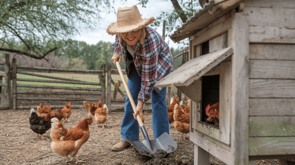A homesteader cheerfully cleaning out their chicken coop. The homesteader is wearing a straw hat and a plaid shirt. They are using a shovel to clean out the droppings. There are chickens in the background, and they are pecking at the ground. The background is a rural setting with trees and a weathered wooden fence.