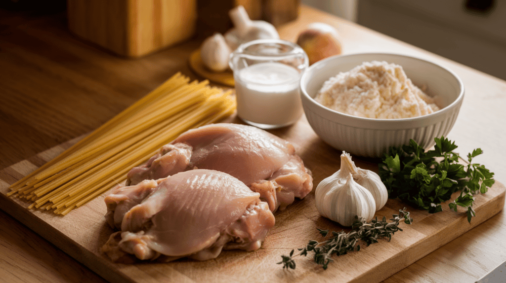 A cutting board with the ingredients for a chicken alfredo recipe in a warmly lit kitchen. There's fettuccine, chicken thighs, heavy cream, freshly grated parmesan cheese in a white bowl, garlic, nutmeg, parsley, and thyme.
