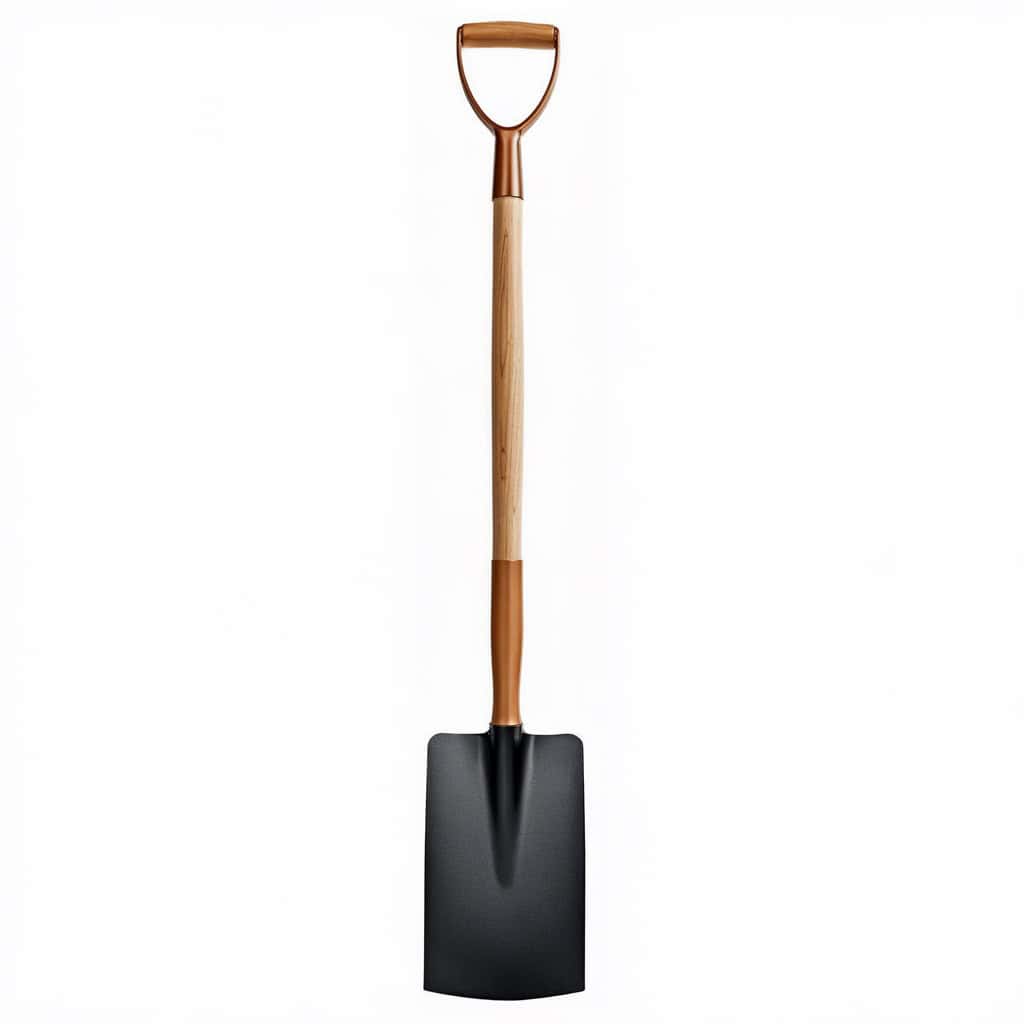 A garden spade with a wooden handle and a black blade. The handle is elongated and appears to be made of wood, while the blade is rectangular with a slightly curved tip. The item is positioned upright, and the handle extends from the bottom of the blade, culminating in a grip at the top.