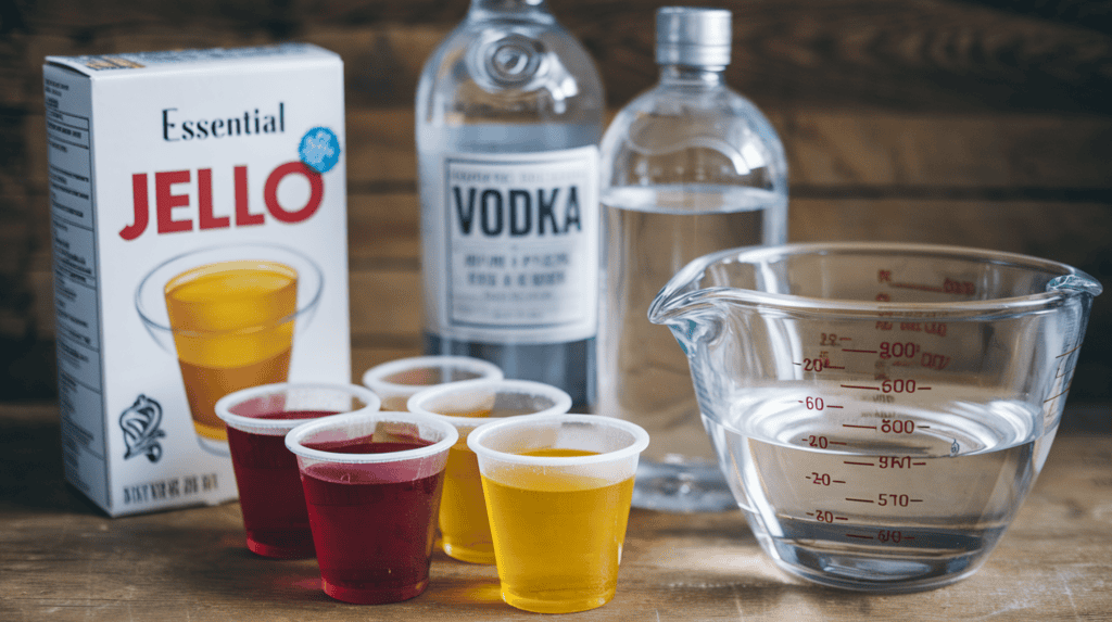 Jello shot supplies — mixing bowls, cups, thermometer, and ingredients laid out