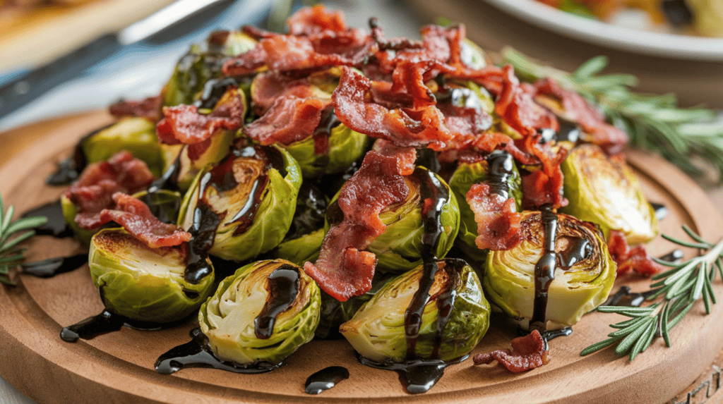 Delicious roasted Brussels sprouts with bacon and balsamic glaze. The sprouts are golden brown and crispy, and they are topped with crispy bacon pieces. The dish is drizzled with a sweet and tangy balsamic glaze. There are some fresh sprigs of rosemary and thyme scattered over the dish. The dish is served on a wooden board. The background is blurred and contains other Thanksgiving dishes.