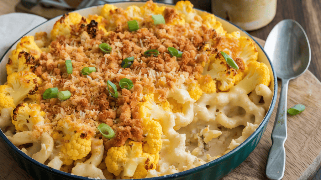 A large dish of cauliflower mac and cheese. The dish is filled with golden, bubbly pieces of cauliflower and cheese. The top is sprinkled with breadcrumbs and is slightly browned. There are also some green onions scattered on top. The dish is placed on a wooden board. There's a spoon next to the dish.