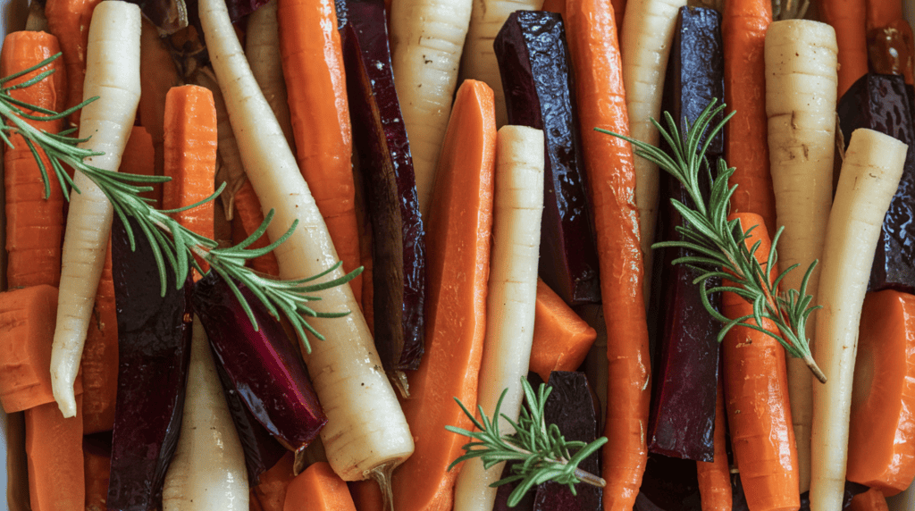 A Thanksgiving-style maple-glazed root vegetable medley. There are carrots, parsnips, and beets in the medley, all glazed with a sweet maple syrup glaze. The vegetables are cooked until tender, and the glaze gives them a glossy finish. The dish is garnished with fresh rosemary sprigs.